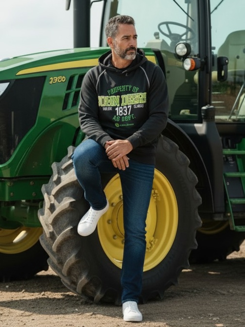 John Deere Black Sweatshirt with Bright Green Embroidered Logo